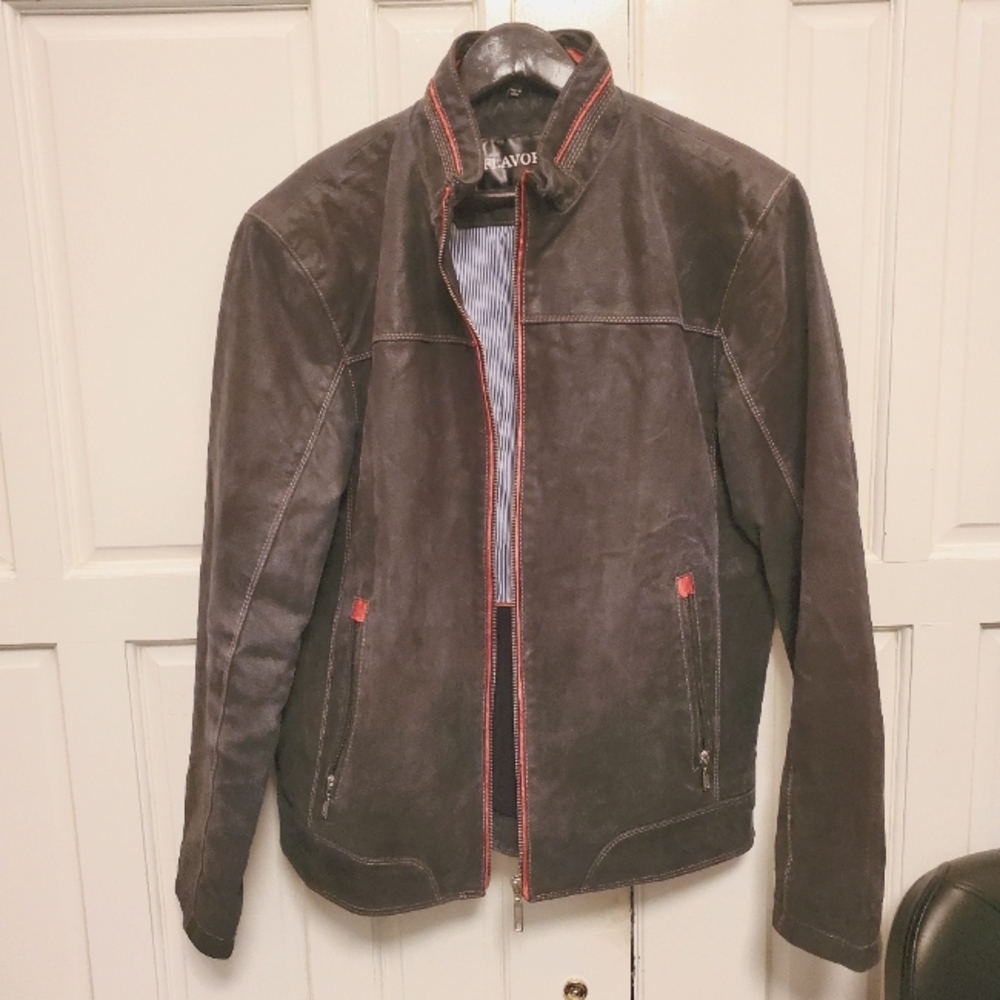 FLAVOR Men Gray/Brown Leather Motorcycle Jacket, Size M